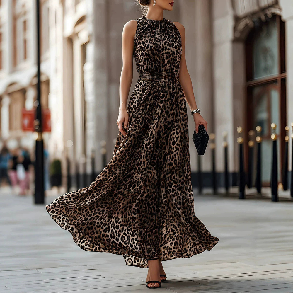 ZARA Leopard Print Sleeveless Round Neck Long Dress Waist Slimming Flowy Fashion